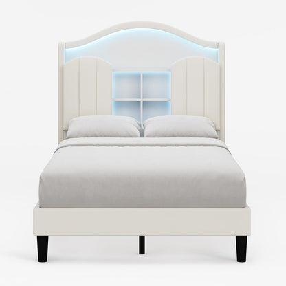 HAUOMS Bed Frame Twin Size Bed Frame with LED Lights Creamy White