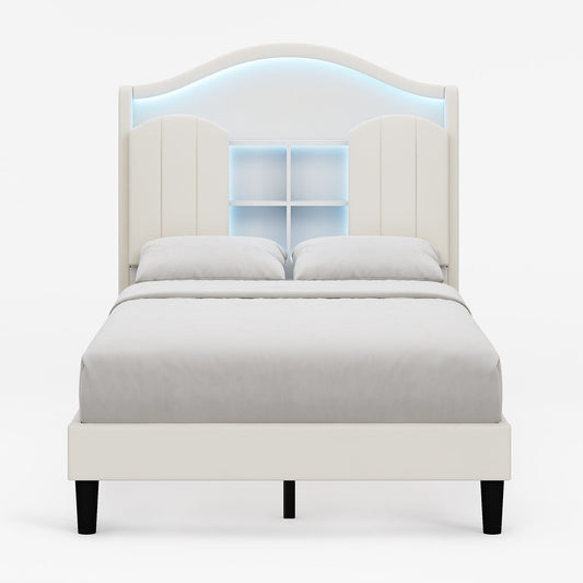 HAUOMS Bed Frame Twin Size Bed Frame with LED Lights Creamy White