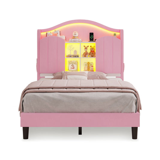 HAUOMS Bed Frame Twin Size Bed Frame with LED Lights Pink
