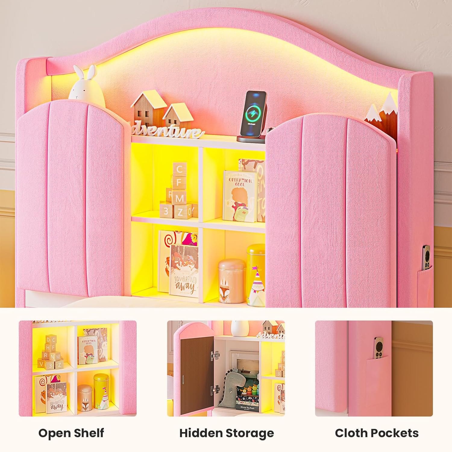 HAUOMS Bed Frame Twin Size Bed Frame with LED Lights Pink