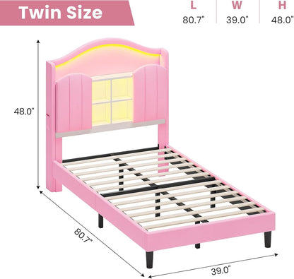 HAUOMS Bed Frame Twin Size Bed Frame with LED Lights Pink