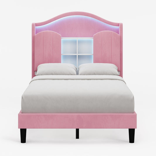 HAUOMS Bed Frame Twin Size Bed Frame with LED Lights Pink