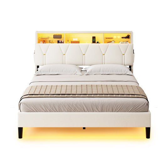 HAUOMS Bed Frame Velvet Fabric LED Bed Frame White