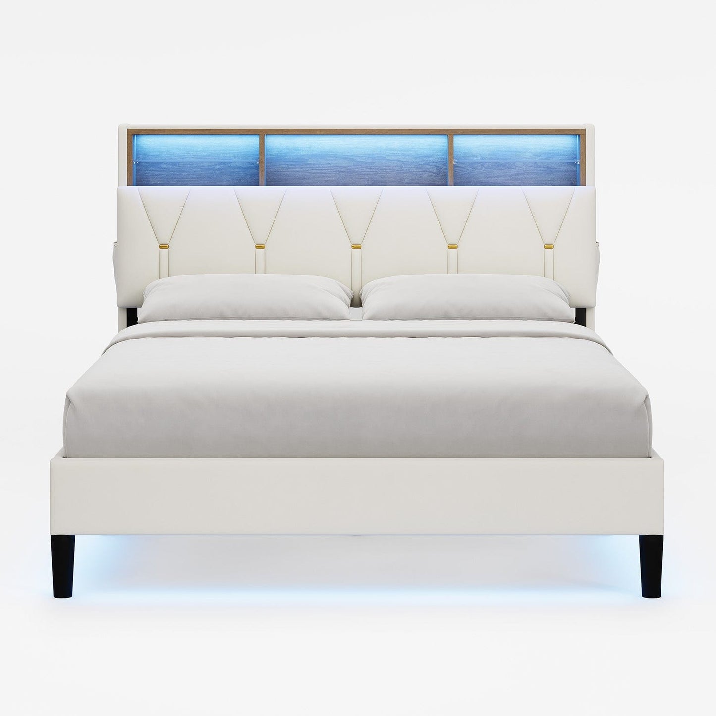 HAUOMS Bed Frame Velvet Fabric LED Bed Frame White