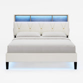HAUOMS Bed Frame Velvet Fabric LED Bed Frame White