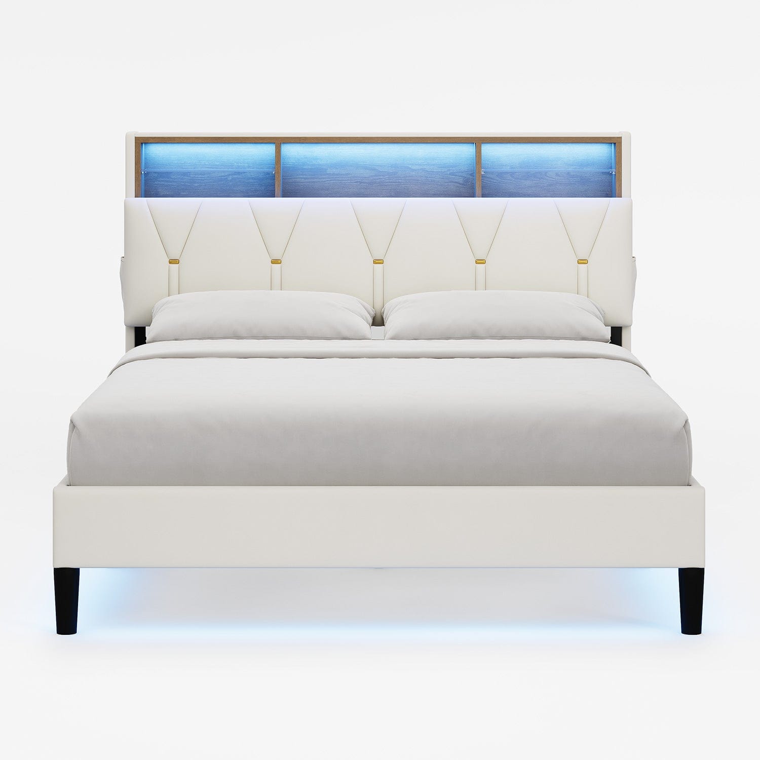 HAUOMS Bed Frame Velvet Fabric LED Bed Frame White