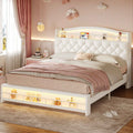 HAUOMS Bed Frame White HAUOMS Full Size Bed Frame with LED Lights Princess Velvet Upholstered Platform Bedframe with Charging Station and Guardrail