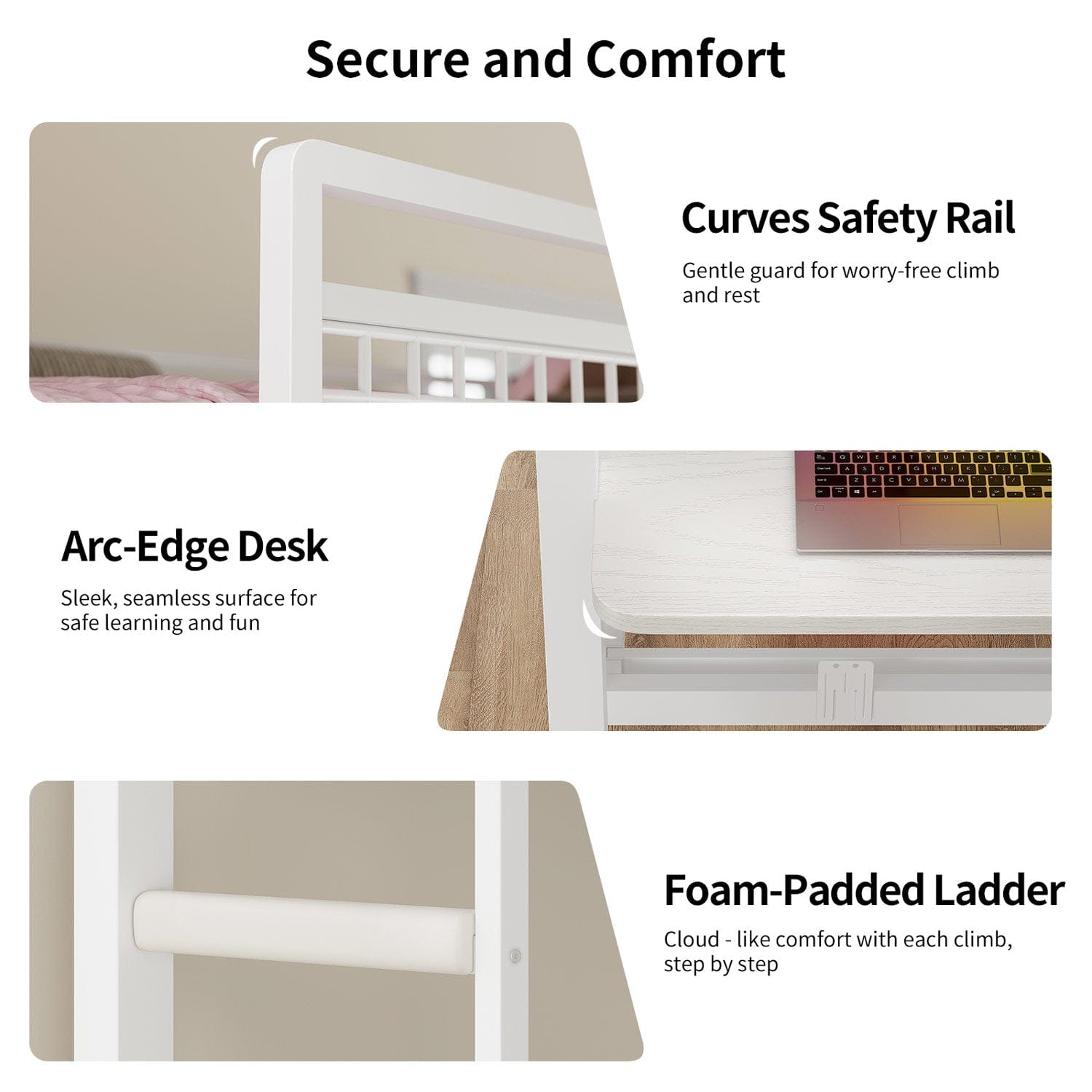 HAUOMS Bed Frame White LED Bunk Bed with Desk White