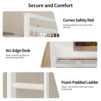 HAUOMS Bed Frame White LED Bunk Bed with Desk White