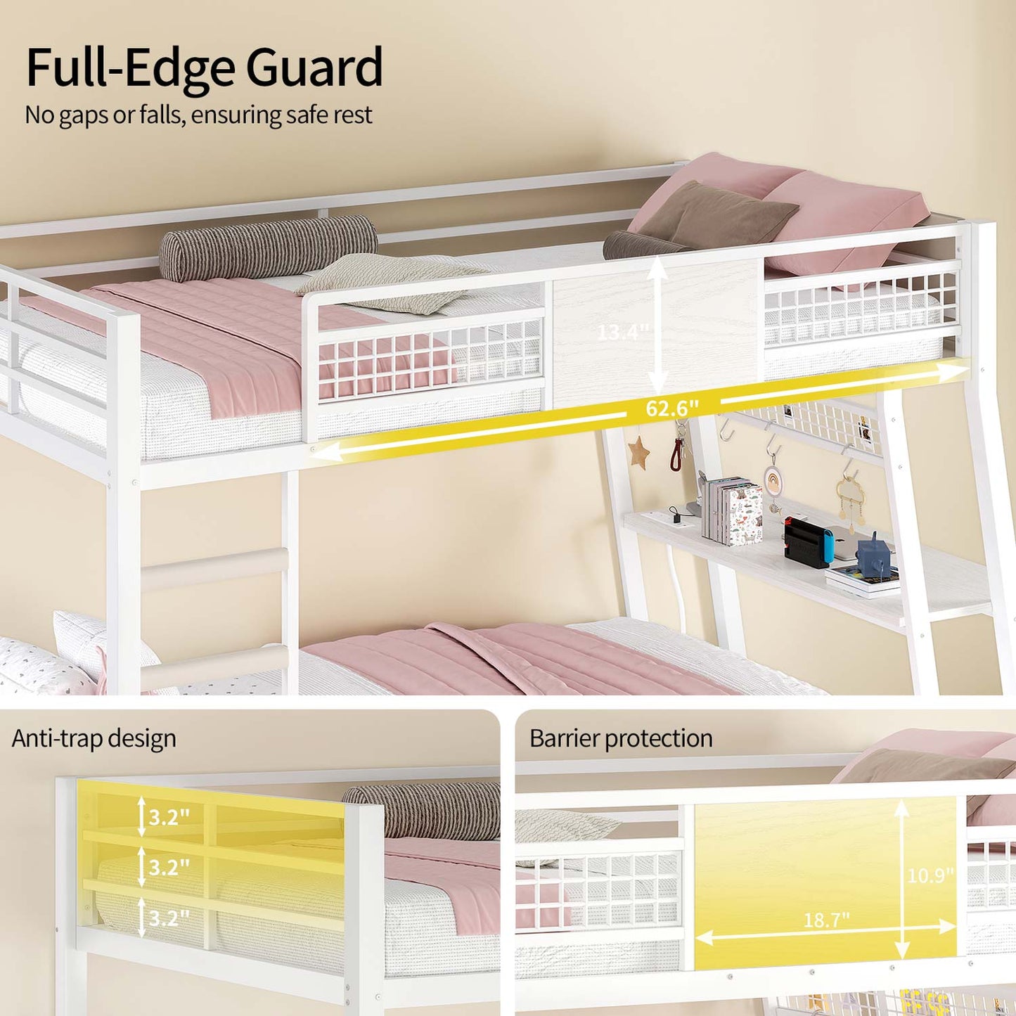 HAUOMS Bed Frame White LED Bunk Bed with Desk White