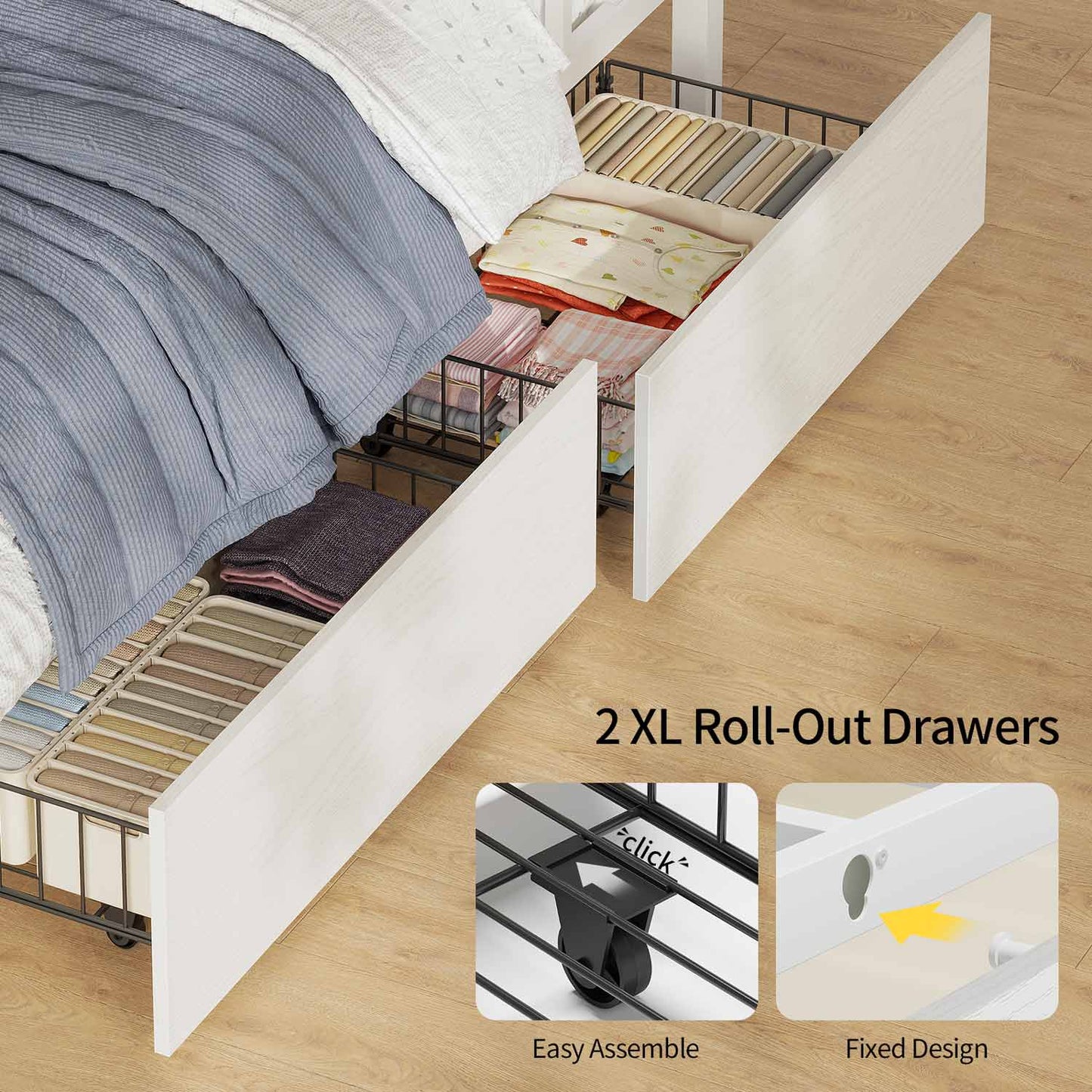 HAUOMS Bed Frame White LED Bunk Bed with Desk White