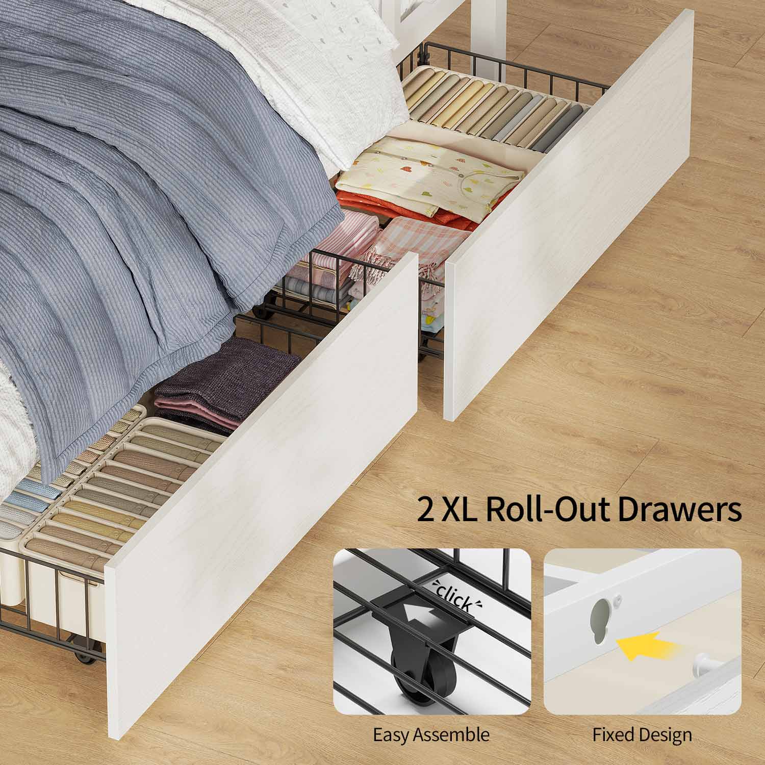 HAUOMS Bed Frame White LED Bunk Bed with Desk White