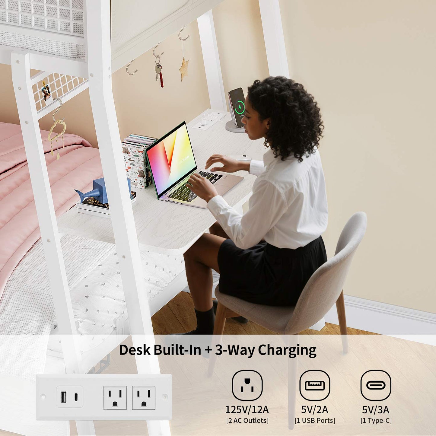 HAUOMS Bed Frame White LED Bunk Bed with Desk White