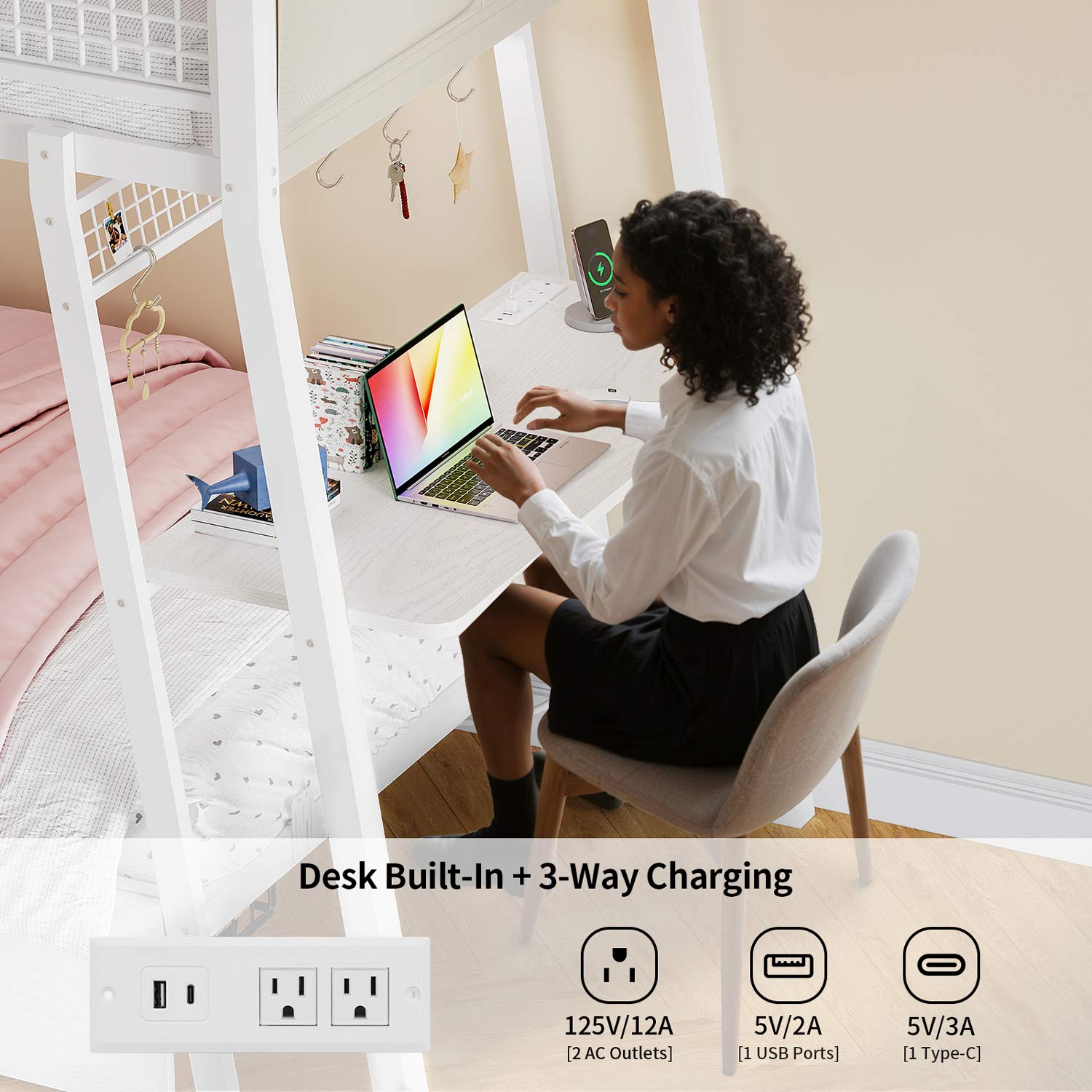 HAUOMS Bed Frame White LED Bunk Bed with Desk White