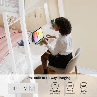 HAUOMS Bed Frame White LED Bunk Bed with Desk White