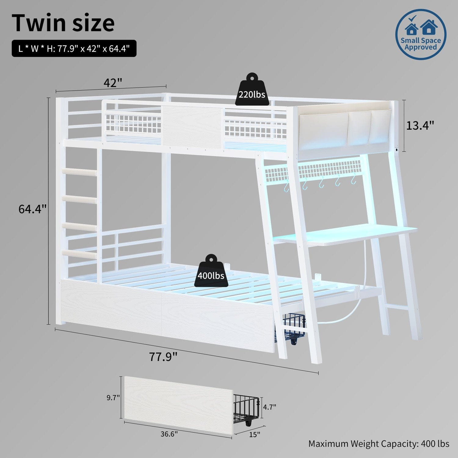 HAUOMS Bed Frame White LED Bunk Bed with Desk White