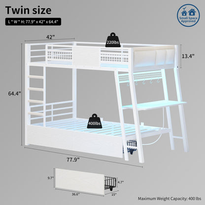 HAUOMS Bed Frame White LED Bunk Bed with Desk White