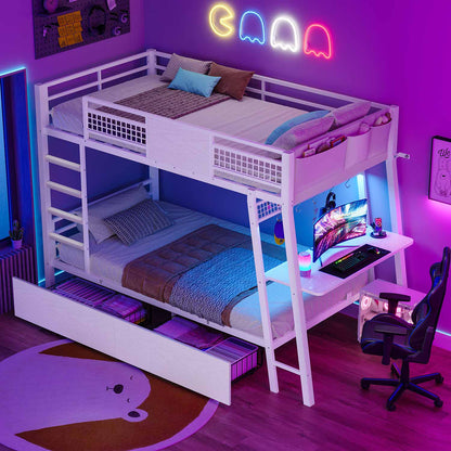 HAUOMS Bed Frame White LED Bunk Bed with Desk White