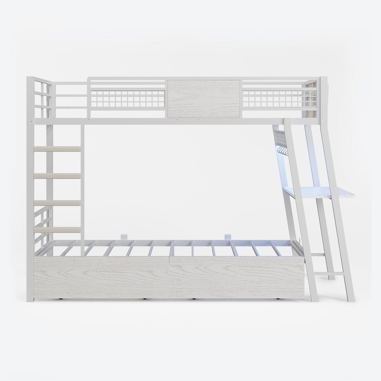 HAUOMS Bed Frame White LED Bunk Bed with Desk White