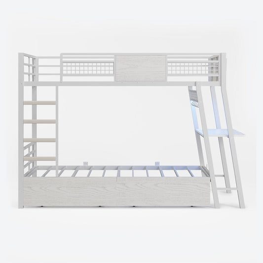 HAUOMS Bed Frame White LED Bunk Bed with Desk White