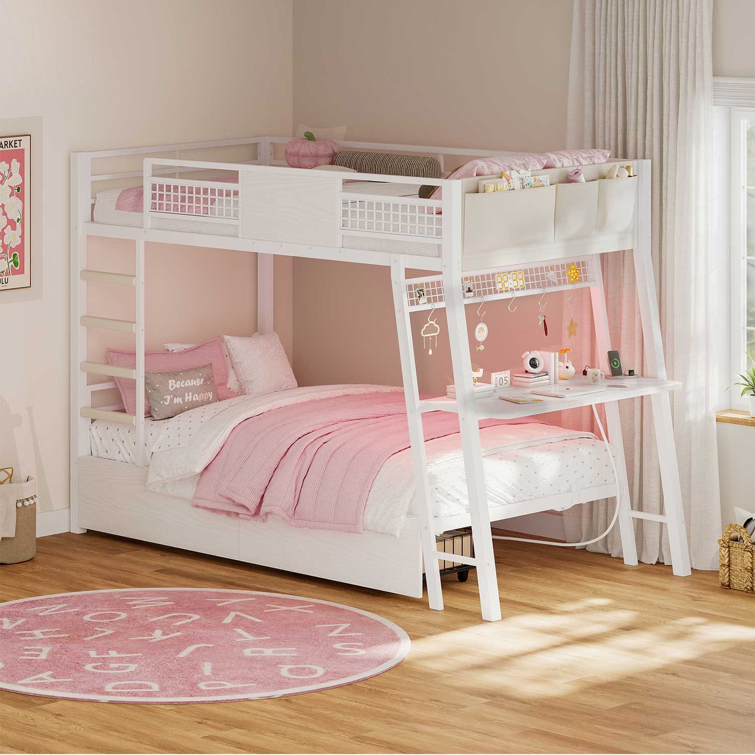 HAUOMS Bed Frame White LED Bunk Bed with Desk White