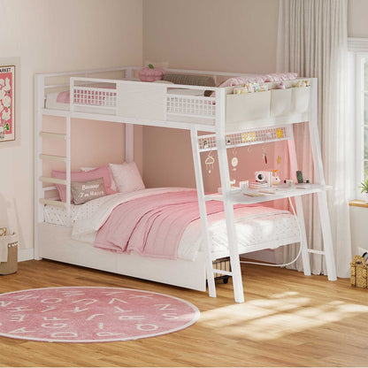 HAUOMS Bed Frame White LED Bunk Bed with Desk White