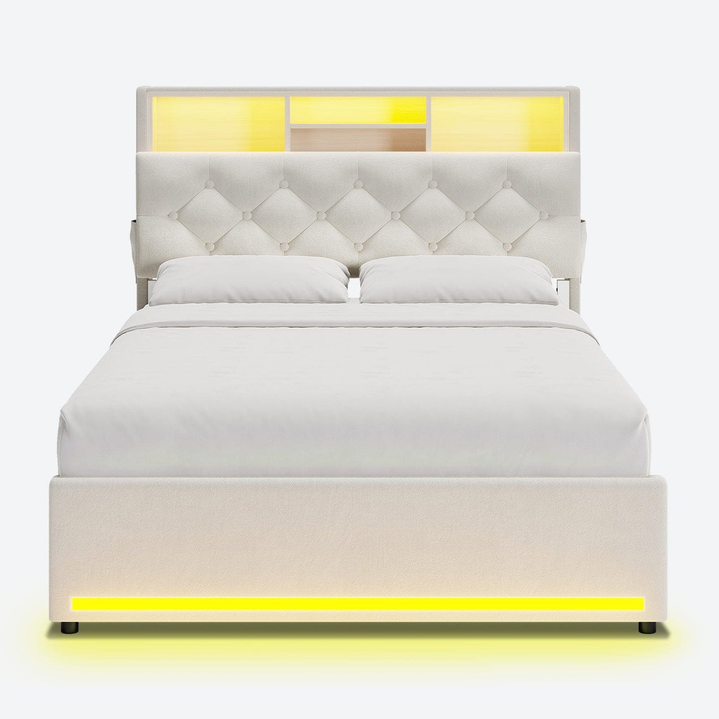 HAUOMS Bed Frame White / Twin LED Twin Bed Frame with Bookcase Headboard, White