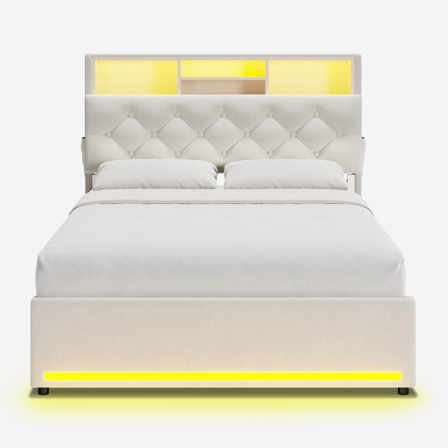 HAUOMS Bed Frame White / Twin LED Twin Bed Frame with Bookcase Headboard, White