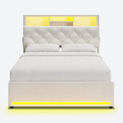 HAUOMS Bed Frame White / Twin LED Twin Bed Frame with Bookcase Headboard, White