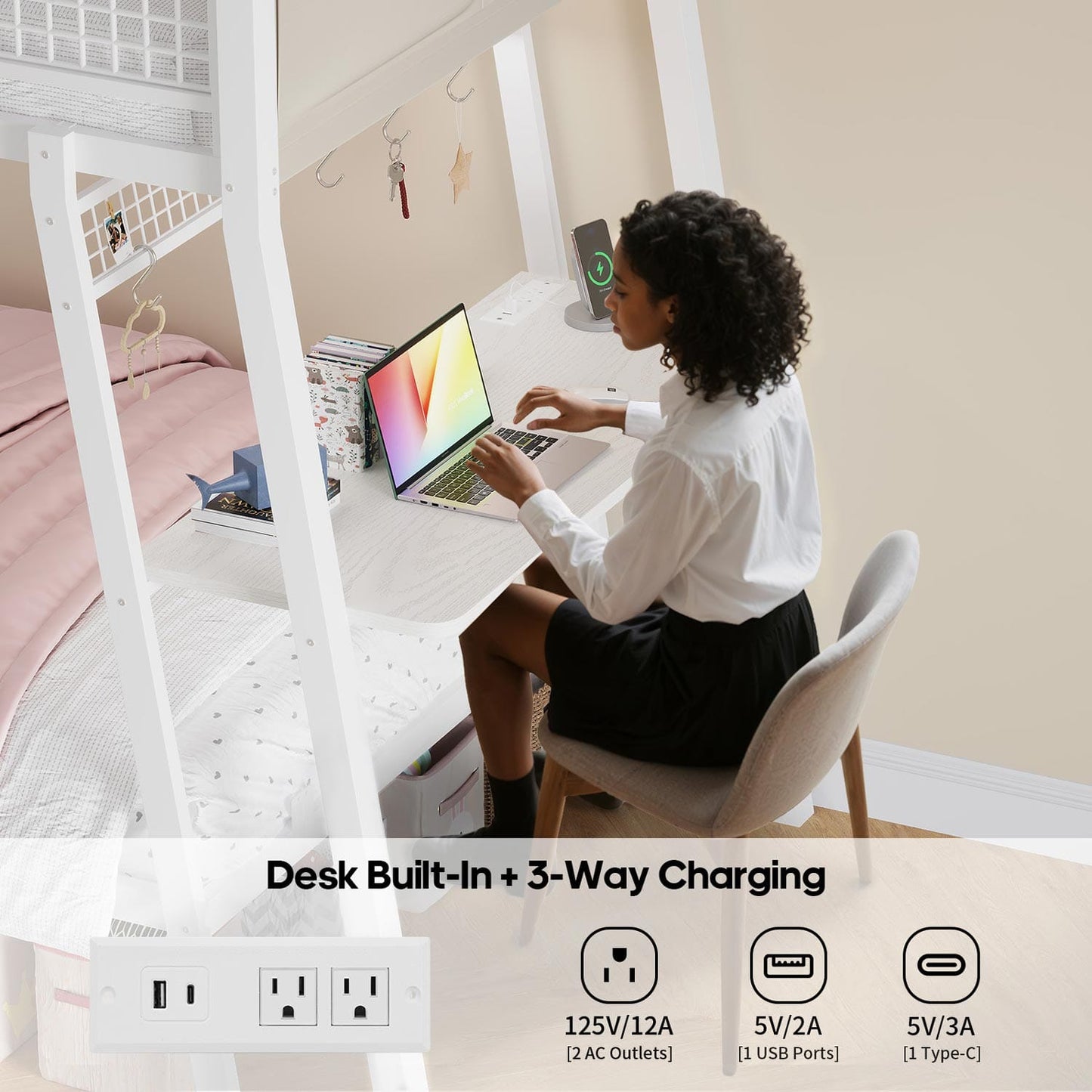 HAUOMS Bed Frame White / Twin over Twin Twin Over Twin Bunk Beds No Drawer for Small Space White