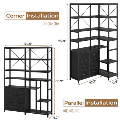 HAUOMS Corner Bookshelf Black 7-Tier Tall Convertible Book Shelf with 6 Fabric Drawers, Black