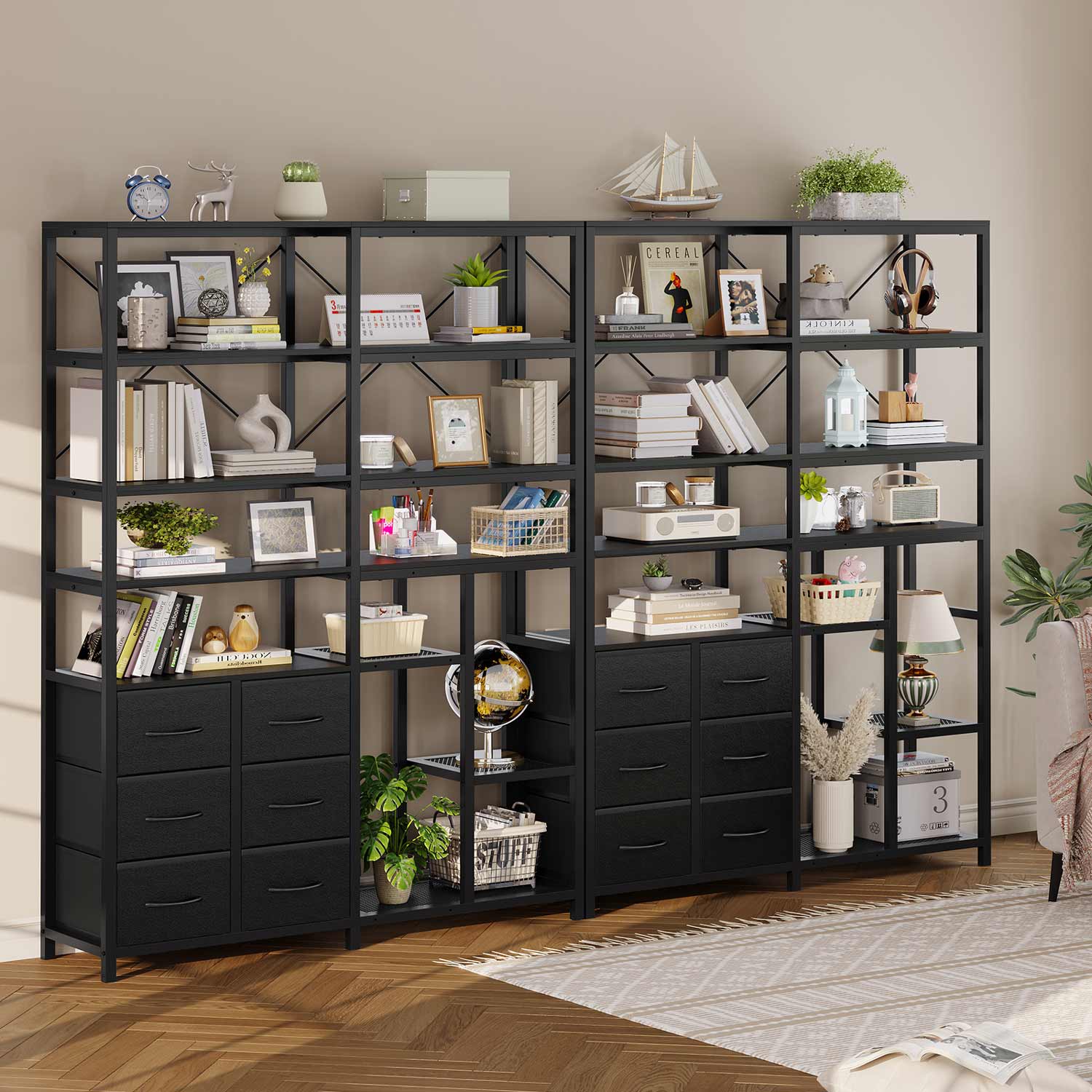 HAUOMS Corner Bookshelf Black 7-Tier Tall Convertible Book Shelf with 6 Fabric Drawers, Black