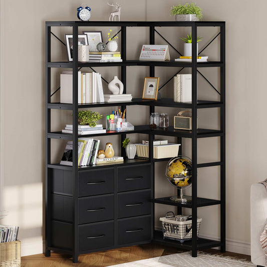 HAUOMS Corner Bookshelf Black 7-Tier Tall Convertible Book Shelf with 6 Fabric Drawers, Black