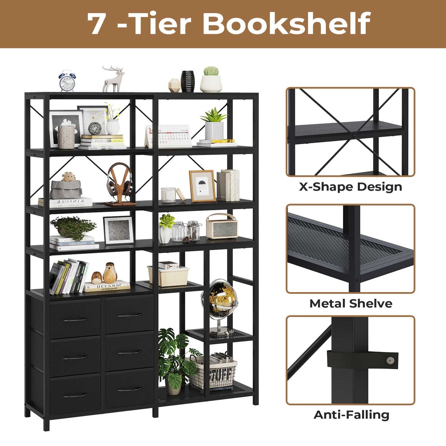 HAUOMS Corner Bookshelf Black 7-Tier Tall Convertible Book Shelf with 6 Fabric Drawers, Black