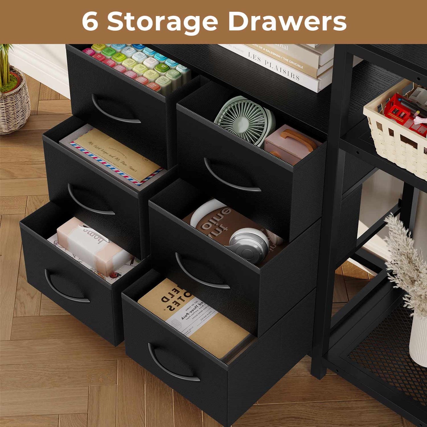 HAUOMS Corner Bookshelf Black 7-Tier Tall Convertible Book Shelf with 6 Fabric Drawers, Black