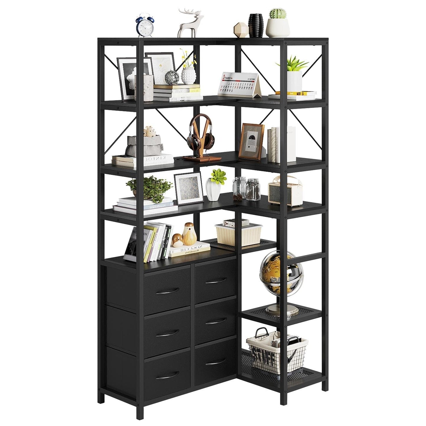 HAUOMS Corner Bookshelf Black 7-Tier Tall Convertible Book Shelf with 6 Fabric Drawers, Black