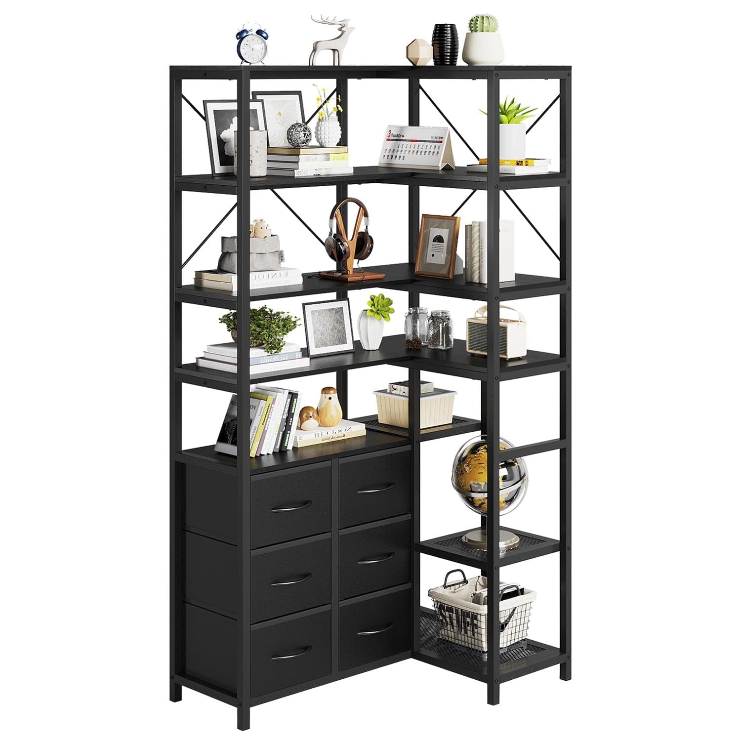 HAUOMS Corner Bookshelf Black 7-Tier Tall Convertible Book Shelf with 6 Fabric Drawers, Black