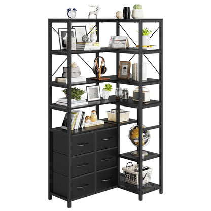 HAUOMS Corner Bookshelf Black 7-Tier Tall Convertible Book Shelf with 6 Fabric Drawers, Black