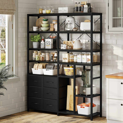 HAUOMS Corner Bookshelf Black 7-Tier Tall Convertible Book Shelf with 6 Fabric Drawers, Black