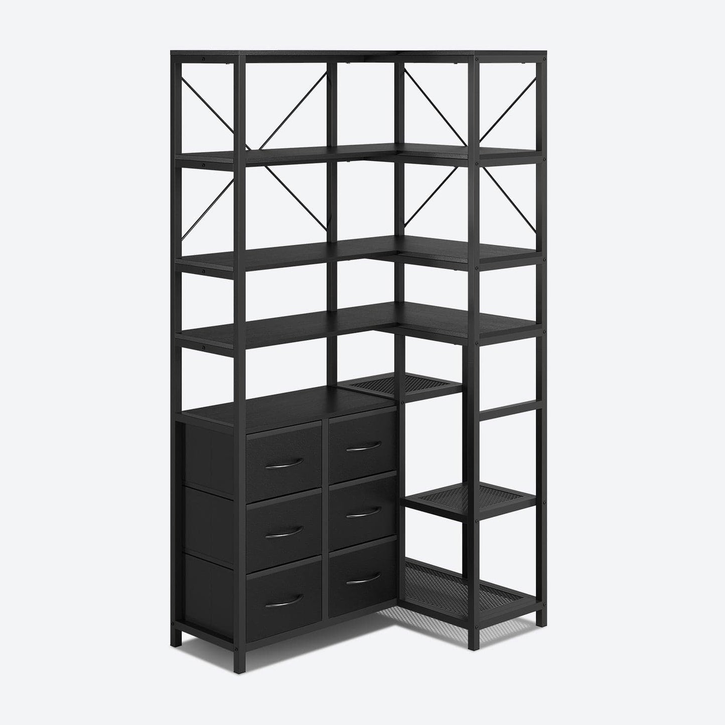 HAUOMS Corner Bookshelf Black 7-Tier Tall Convertible Book Shelf with 6 Fabric Drawers, Black