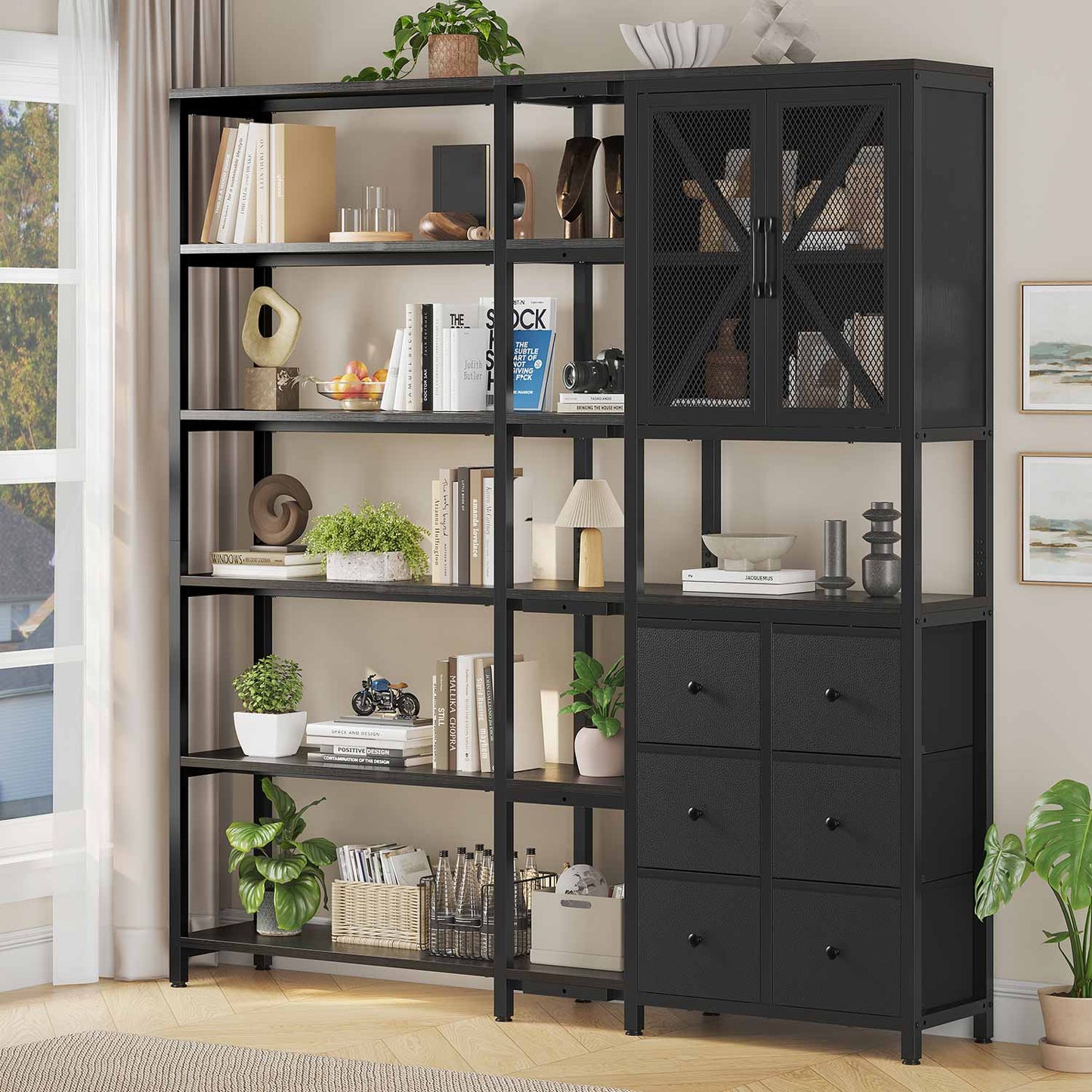 HAUOMS Corner Bookshelf Black Corner Bookcase Large L Shaped Storage Display Shelf, Black