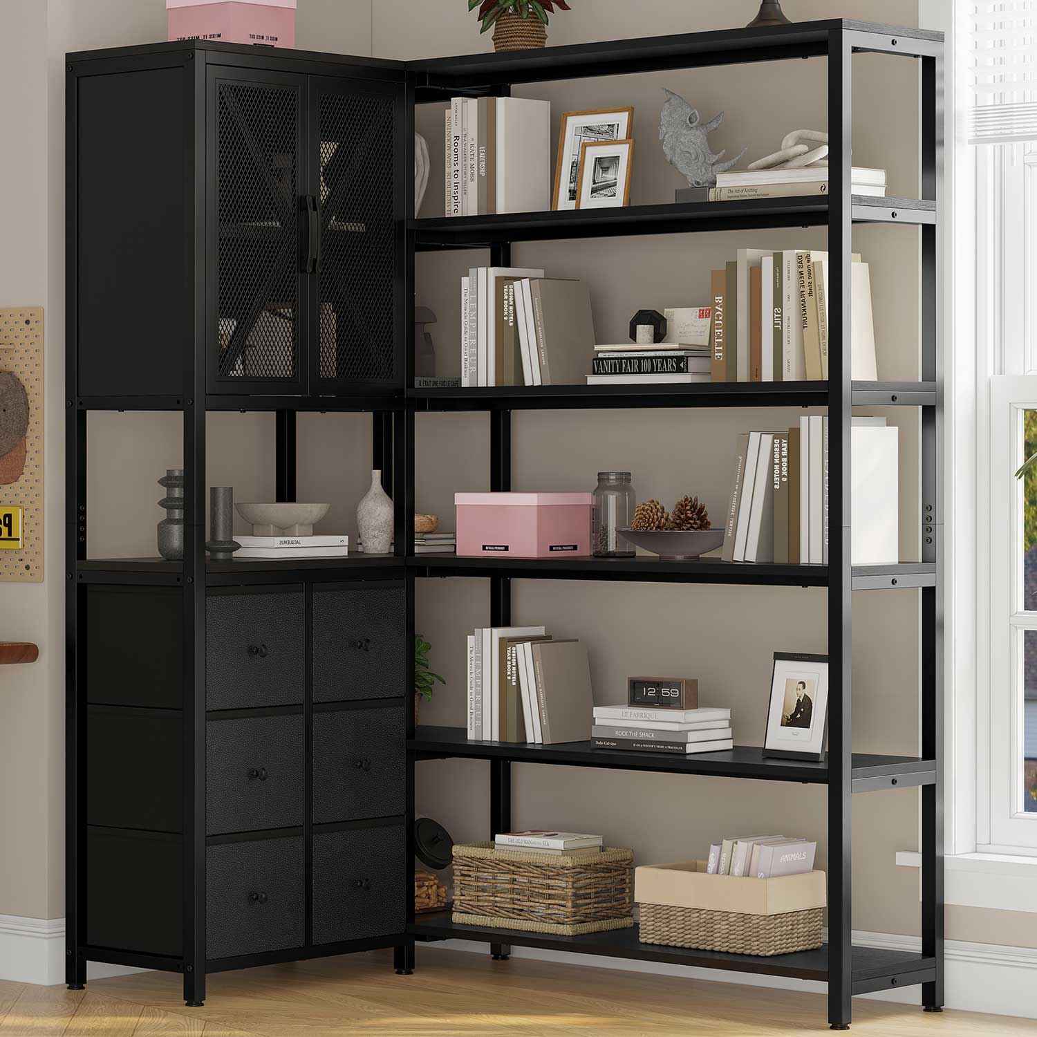 HAUOMS Corner Bookshelf Black Corner Bookcase Large L Shaped Storage Display Shelf, Black