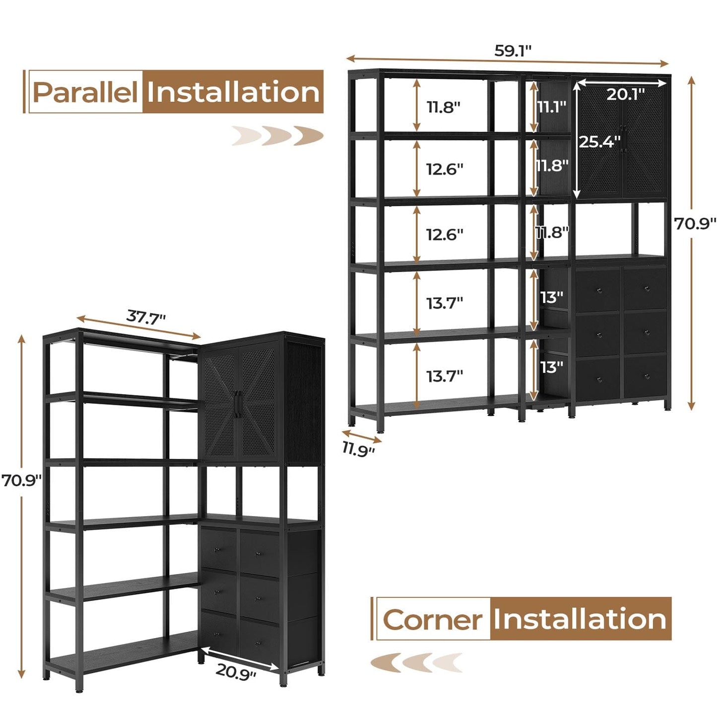 HAUOMS Corner Bookshelf Black Corner Bookcase Large L Shaped Storage Display Shelf, Black