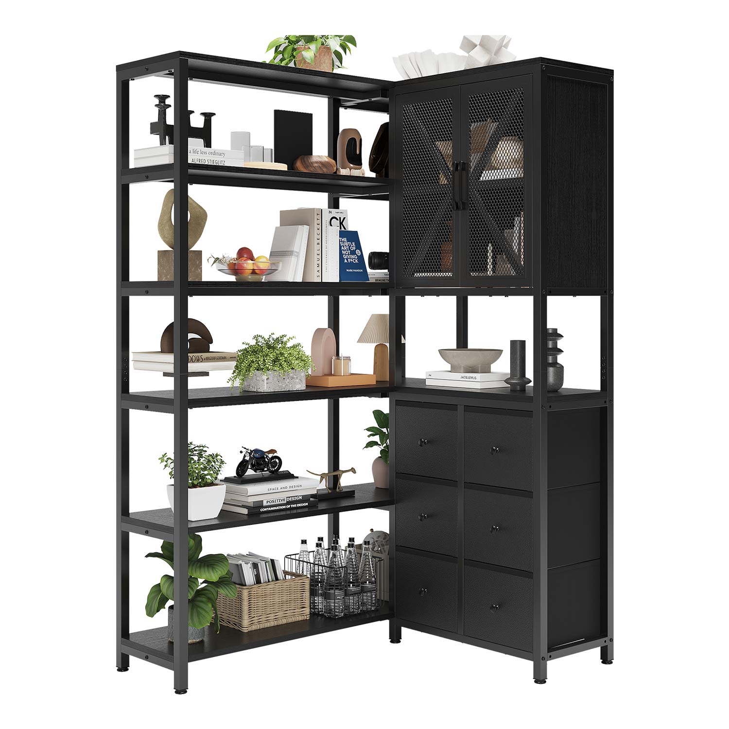 HAUOMS Corner Bookshelf Black Corner Bookcase Large L Shaped Storage Display Shelf, Black
