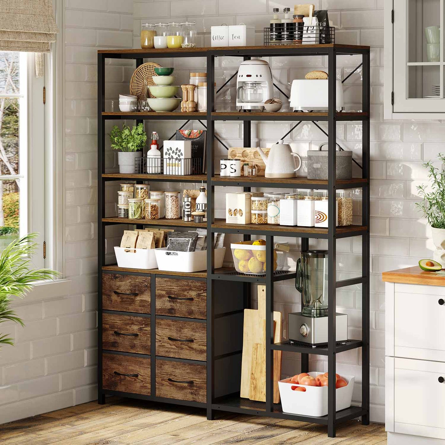 HAUOMS Corner Bookshelf Rustic Brown 7-Tier Tall Convertible Book Shelf with 6 Fabric Drawers Rustic Brown