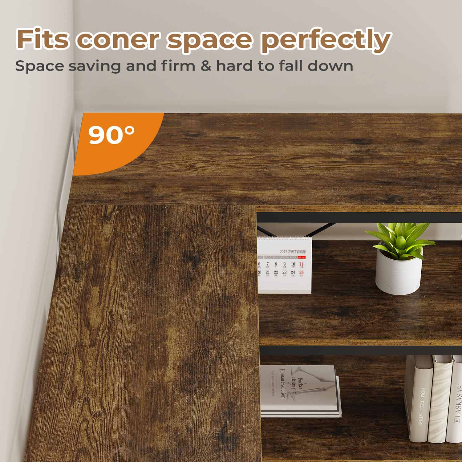 HAUOMS Corner Bookshelf Rustic Brown 7-Tier Tall Convertible Book Shelf with 6 Fabric Drawers Rustic Brown