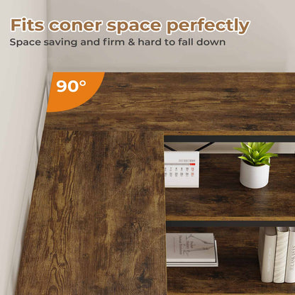 HAUOMS Corner Bookshelf Rustic Brown 7-Tier Tall Convertible Book Shelf with 6 Fabric Drawers Rustic Brown