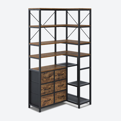 HAUOMS Corner Bookshelf Rustic Brown 7-Tier Tall Convertible Book Shelf with 6 Fabric Drawers Rustic Brown