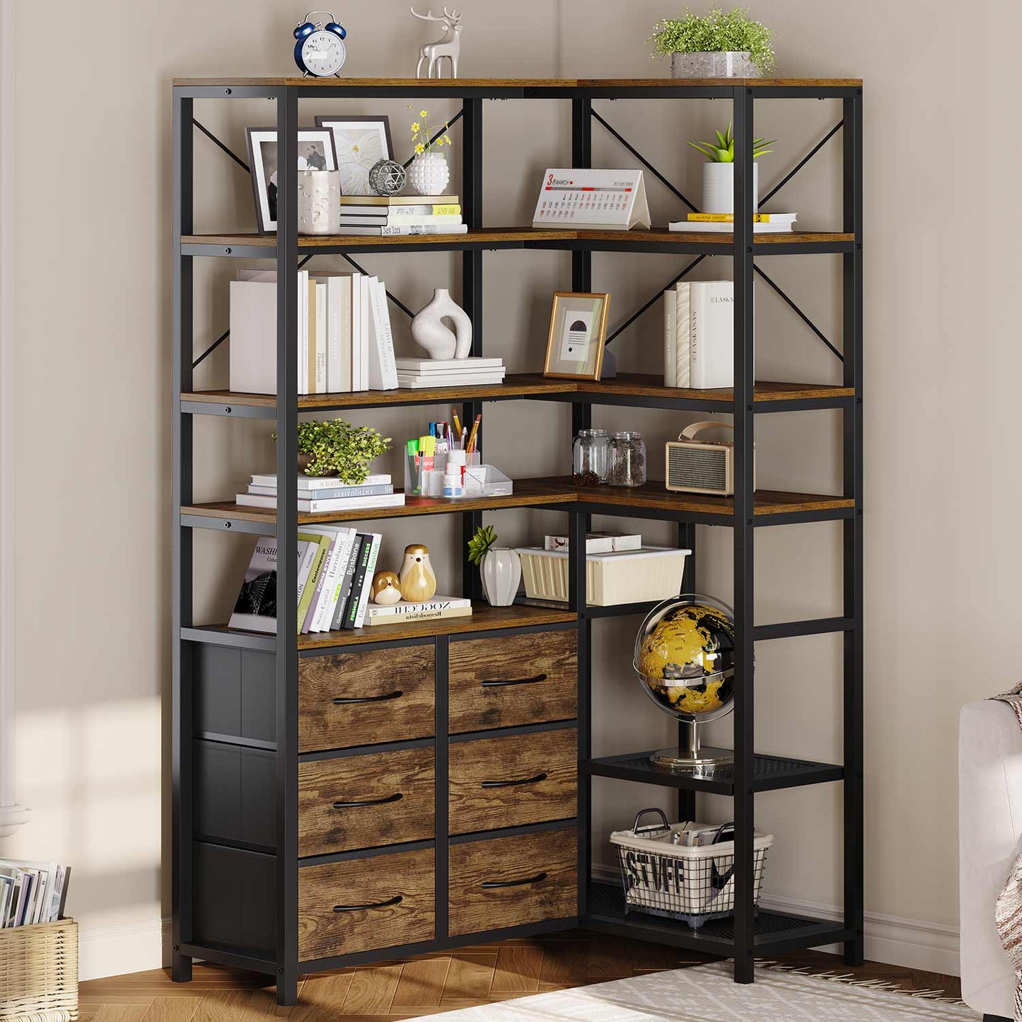 HAUOMS Corner Bookshelf Rustic Brown 7-Tier Tall Convertible Book Shelf with 6 Fabric Drawers Rustic Brown