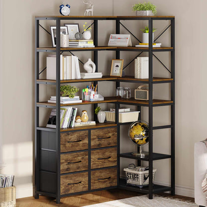 HAUOMS Corner Bookshelf Rustic Brown 7-Tier Tall Convertible Book Shelf with 6 Fabric Drawers Rustic Brown